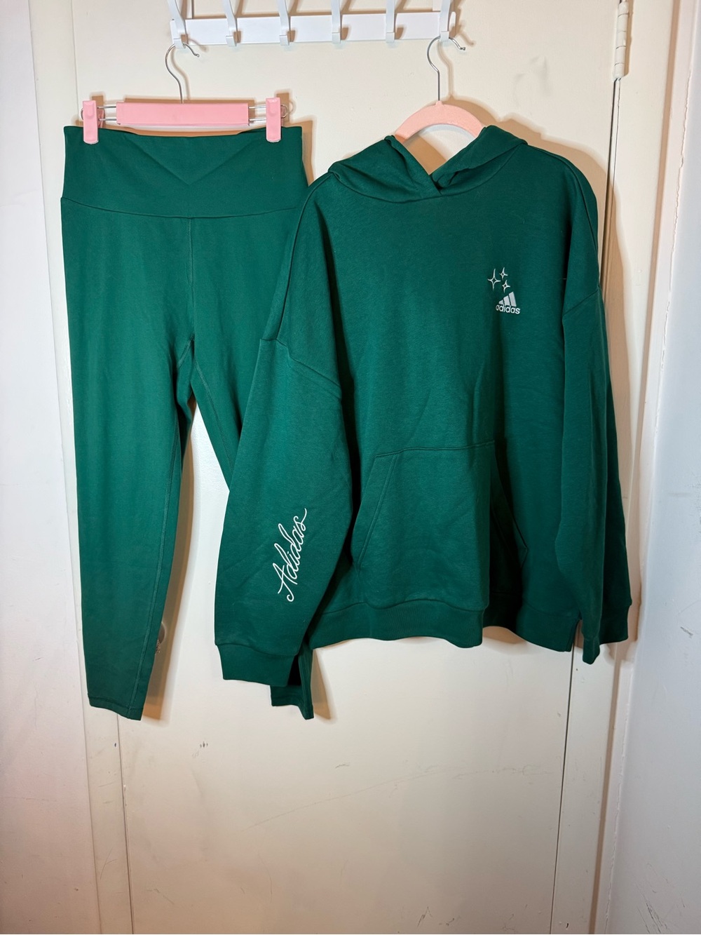 2 piece set adidas Women's Forest Green Hooded Sweatshirt with Script Sleeve